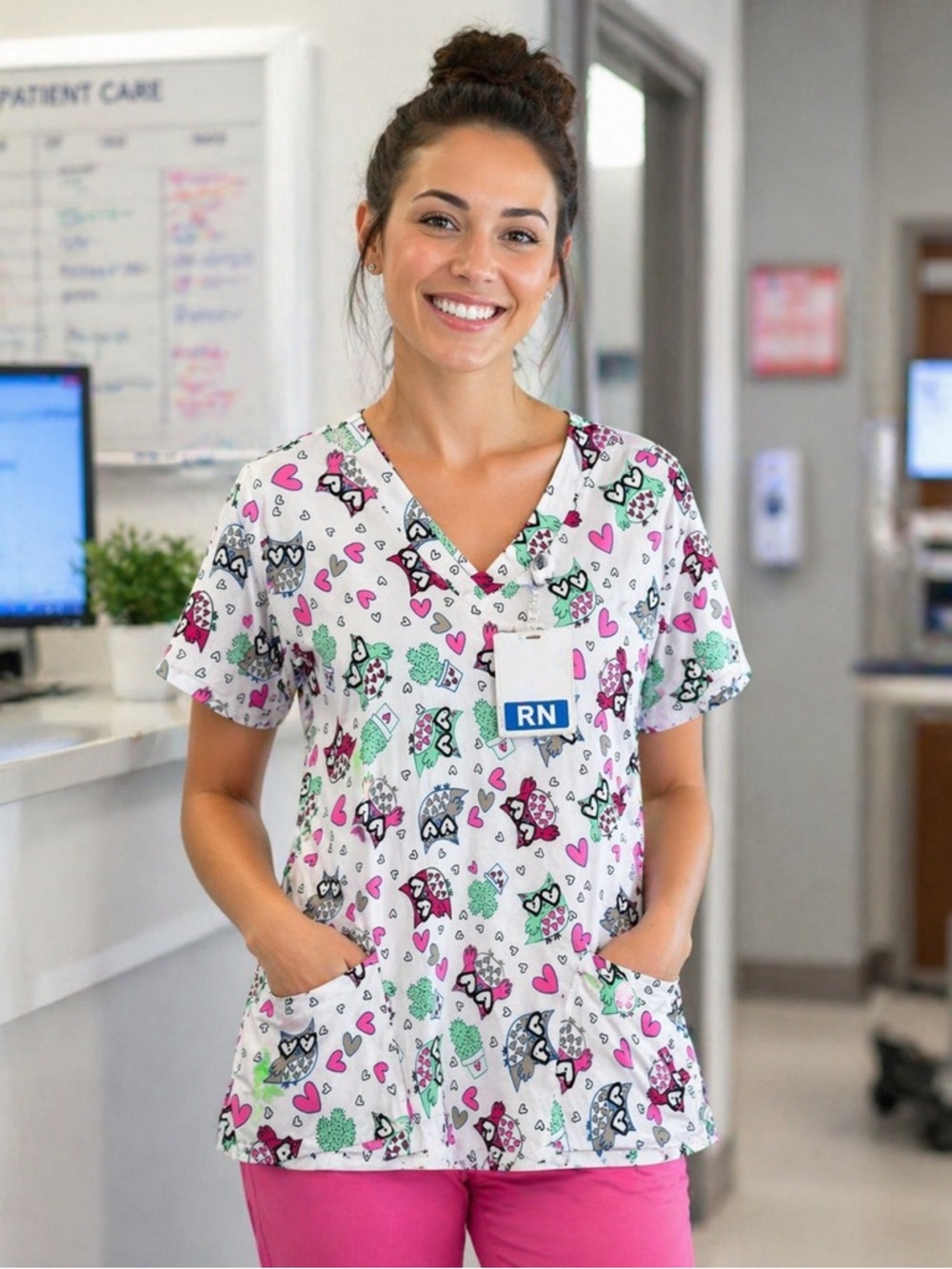 GT Performance Owl Heart Print Scrub Top XL White Pink V Neck Pockets